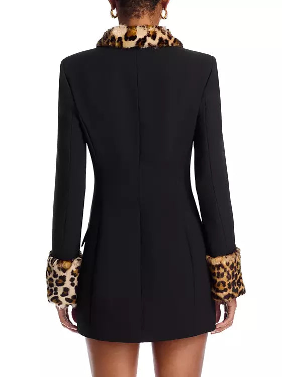 Black mini dress featuring detachable leopard faux-fur trim for a stylish look