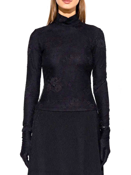 Black Mock-Neck Lace Lingerie Top - Tops