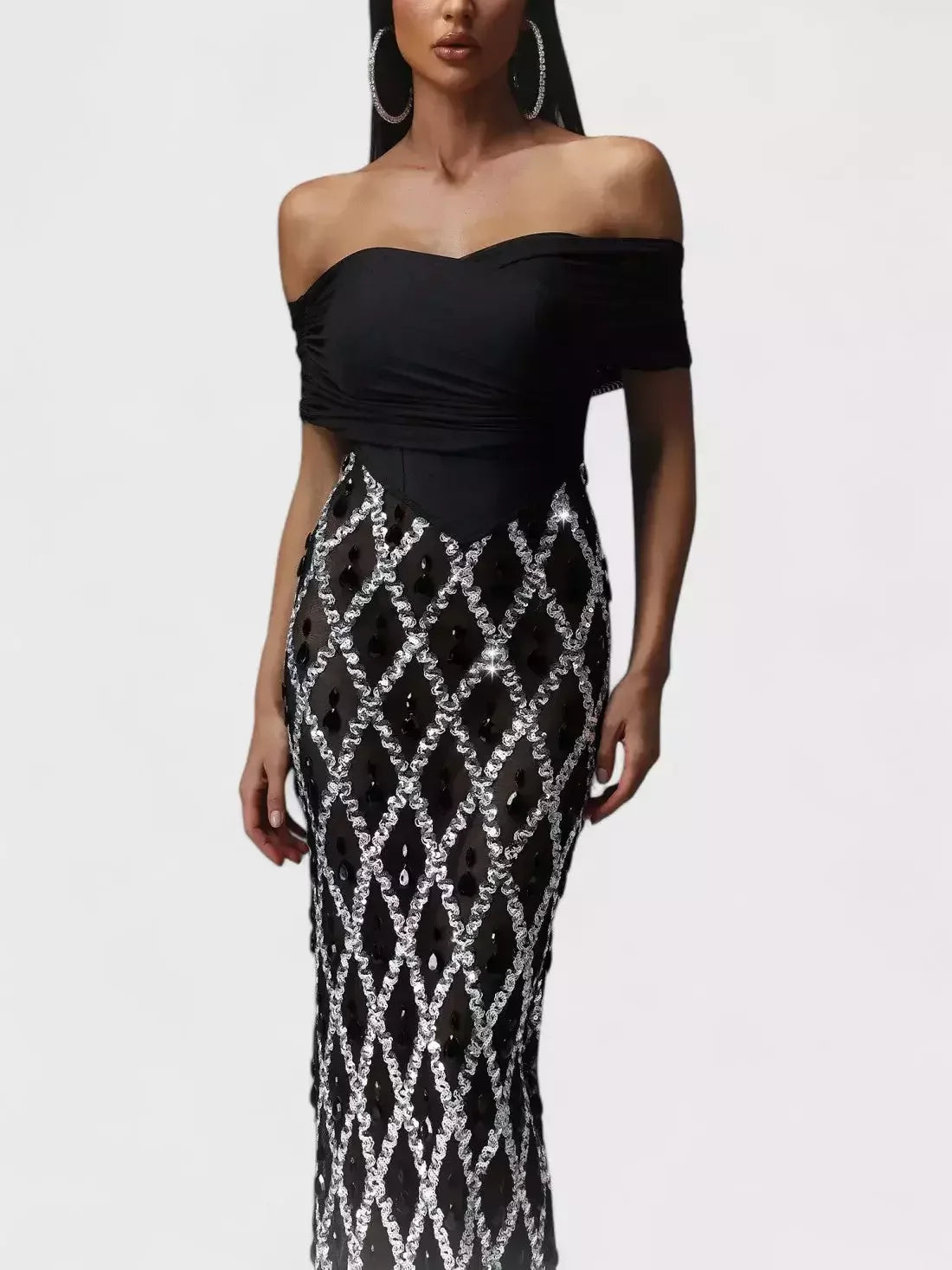 Black Off-The-Shoulder Stretch Embellished Maxi Dress - Dresses