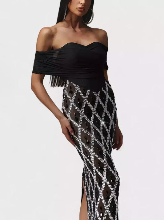 Black Off-The-Shoulder Stretch Embellished Maxi Dress - Dresses