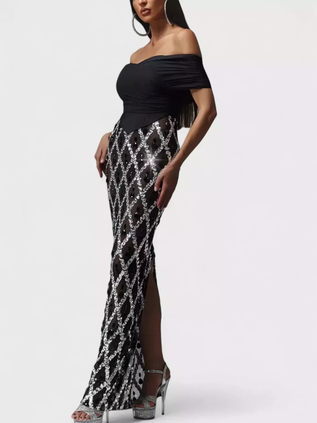 Black Off-The-Shoulder Stretch Embellished Maxi Dress - Dresses