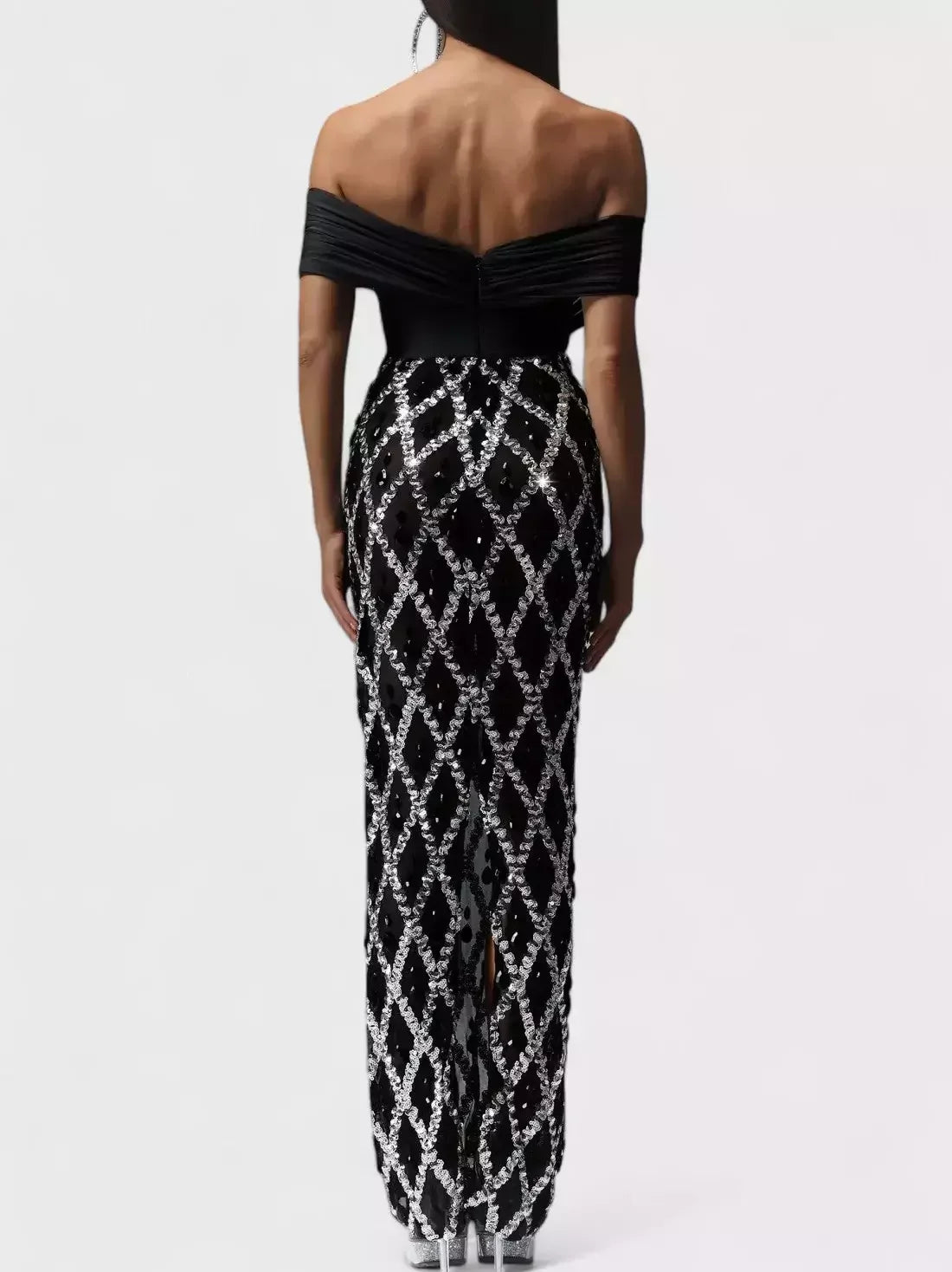 Black Off-The-Shoulder Stretch Embellished Maxi Dress - Dresses