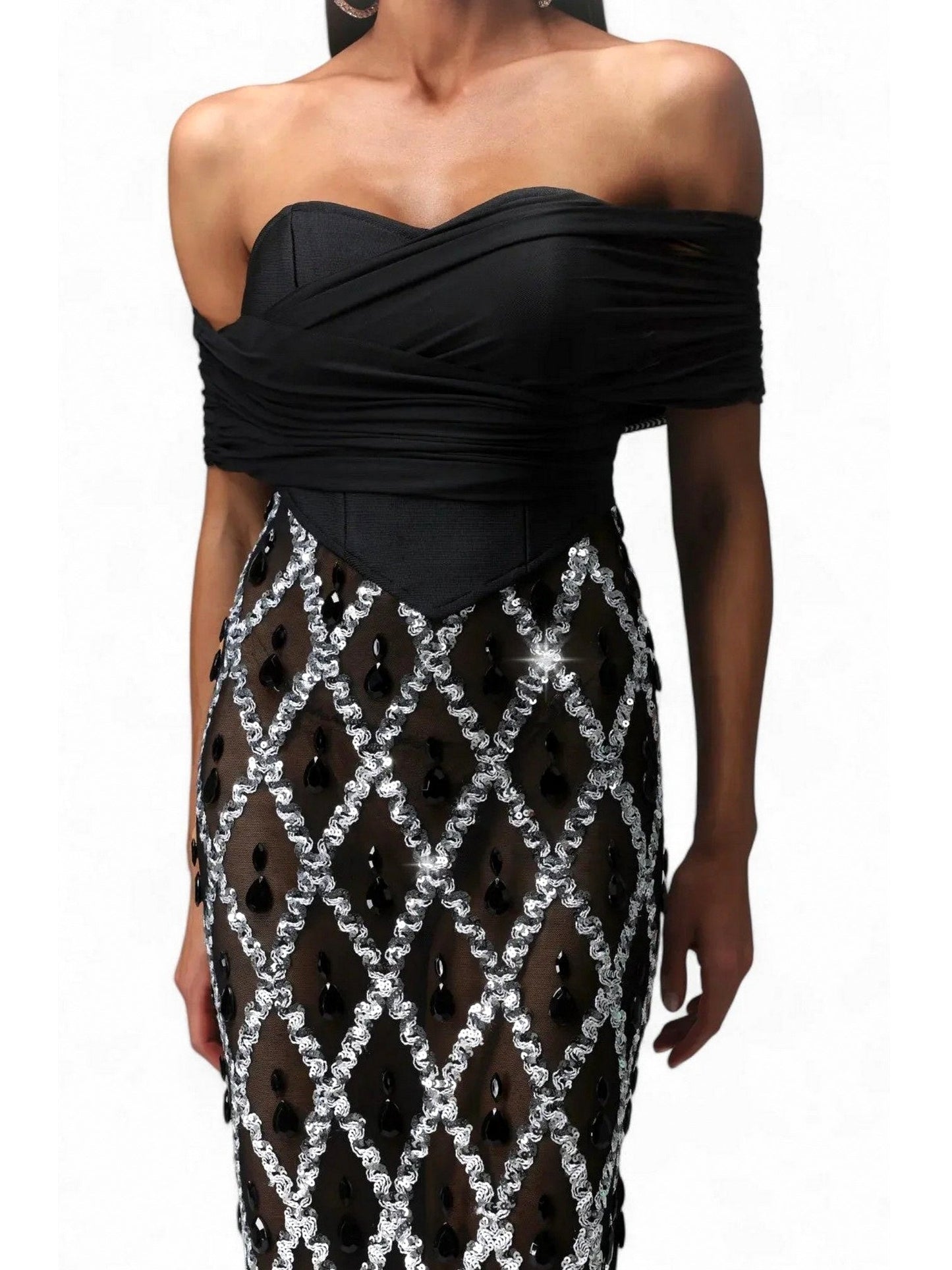 Black Off-The-Shoulder Stretch Embellished Maxi Dress - Dresses