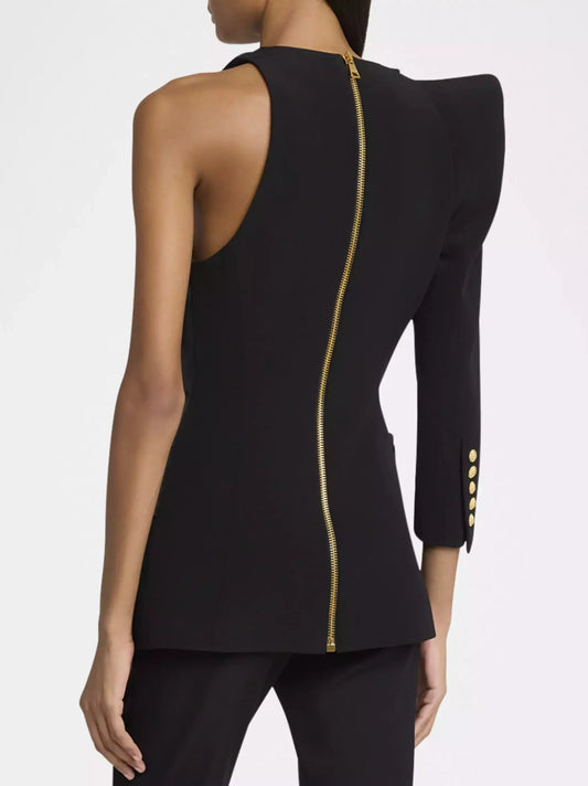 Black One-Sleeve Asymmetrical Draped Blazer - Jackets