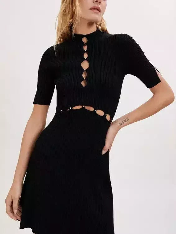 Black Open-Work Knit Dress with Beading - Dresses