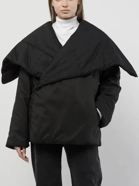 Black Padded Jacket with Oversized Collar - Jackets