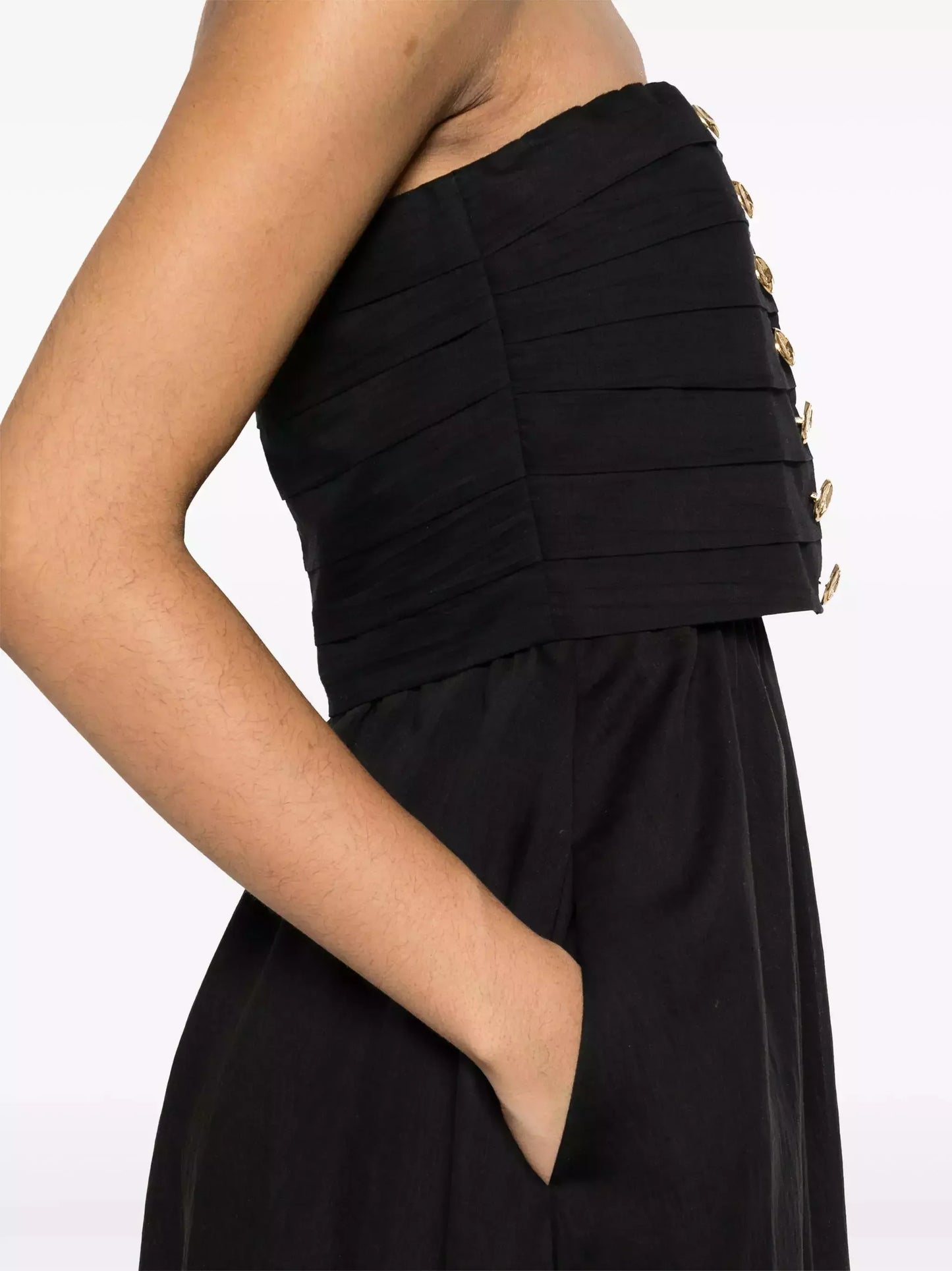 Black Paneled Strapless Dress with Gold Buttons - Dresses