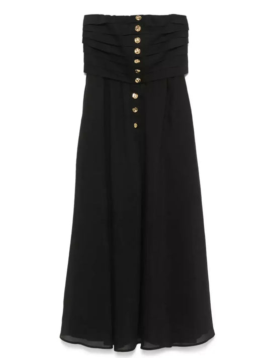 Black Paneled Strapless Dress with Gold Buttons - Dresses