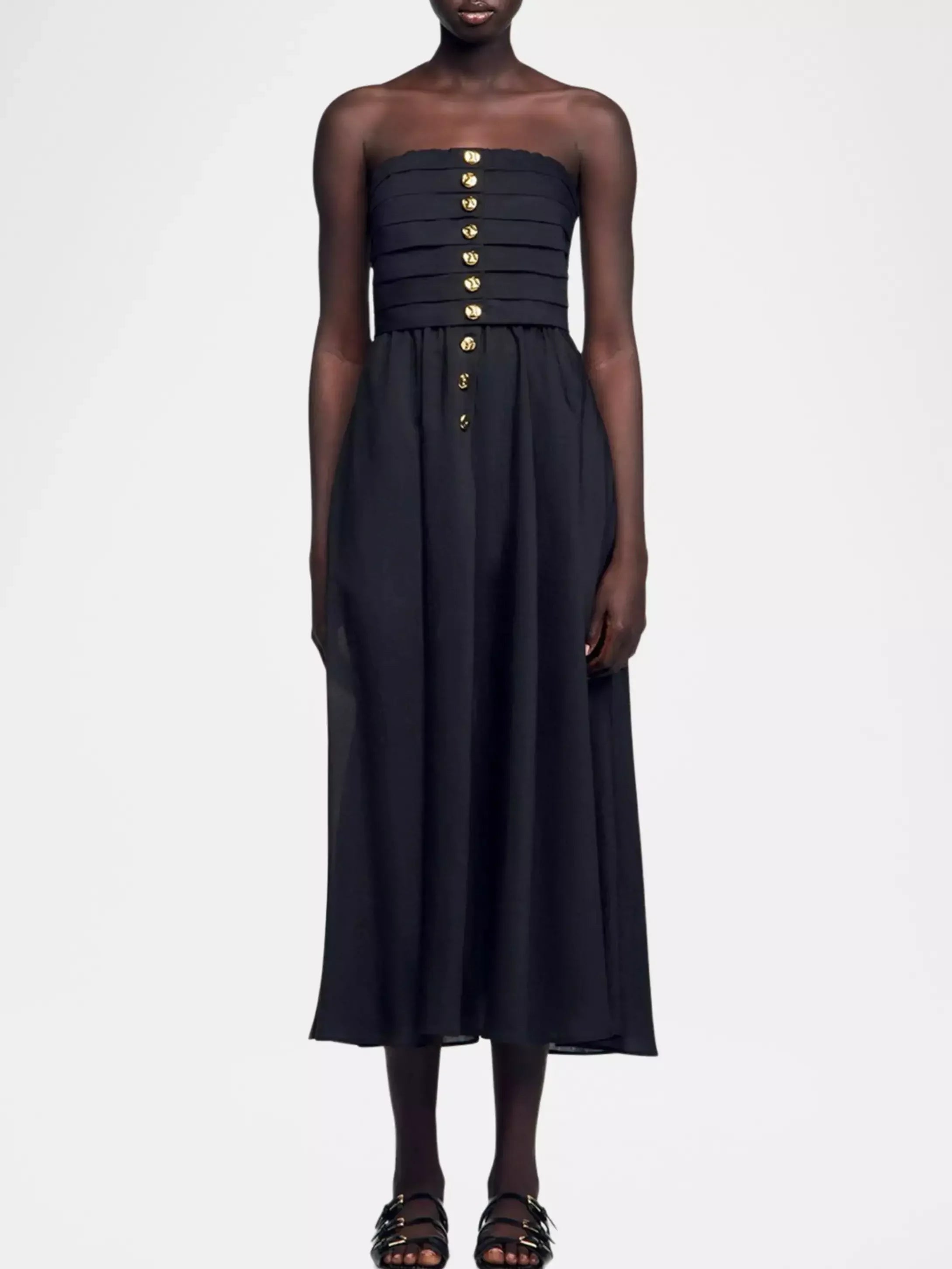 Black Paneled Strapless Dress with Gold Buttons – Branna