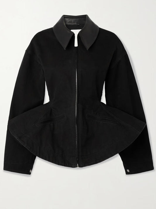 Black Peplum Cotton Canvas Jacket - Jackets