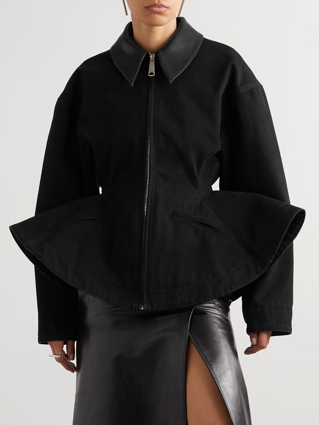 Black Peplum Cotton Canvas Jacket - Jackets