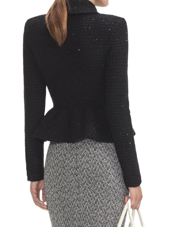 Black tweed peplum knit cardigan jacket with stylish design and tailored fit