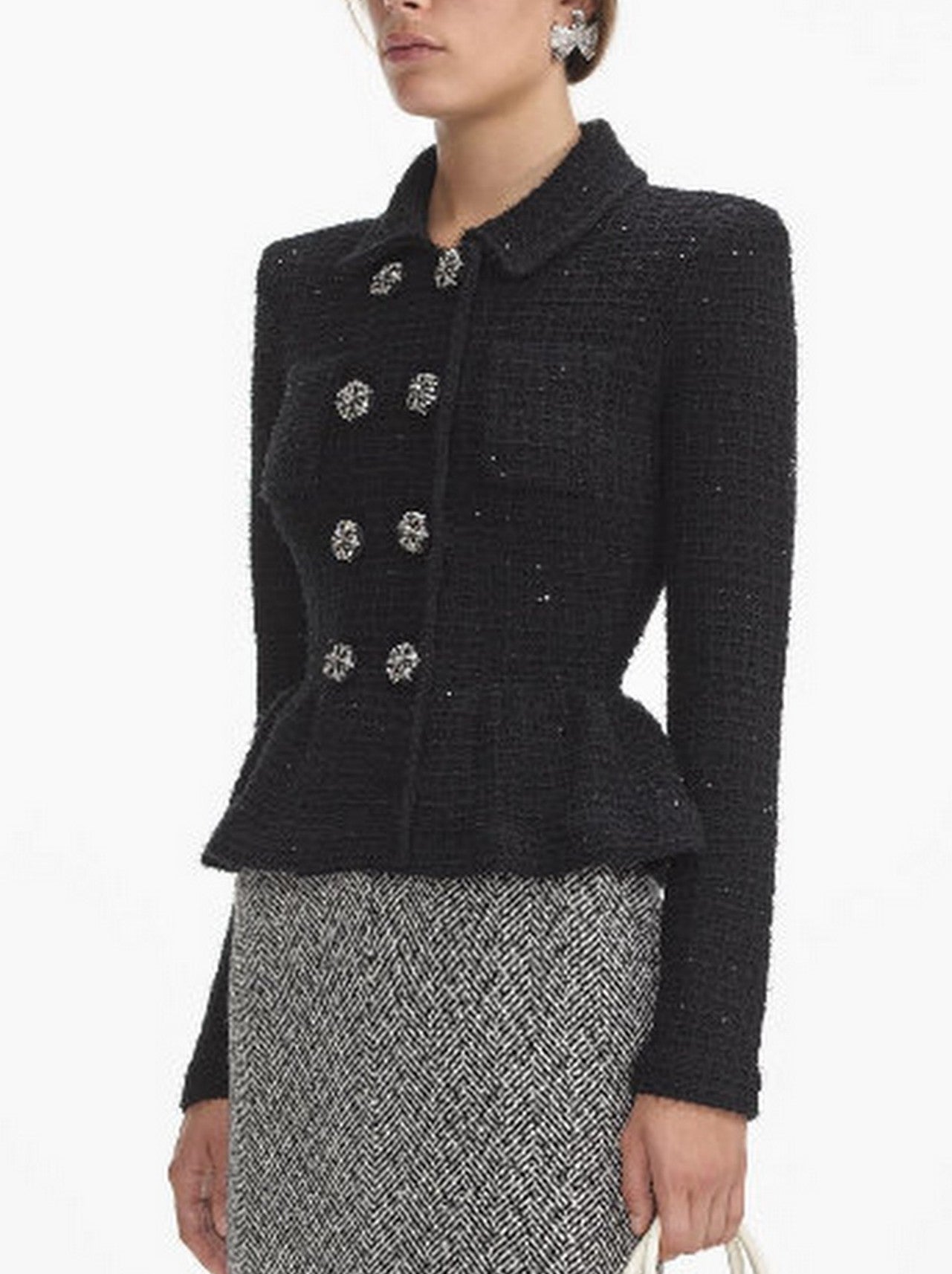Black Peplum Knit Cardigan Jacket featuring a stylish tweed design and peplum silhouette