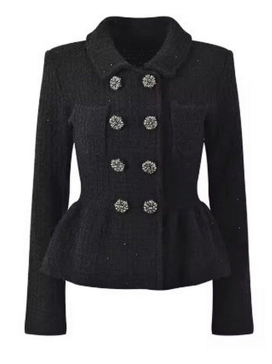Black double-breasted peplum knit cardigan jacket for stylish layering and comfort