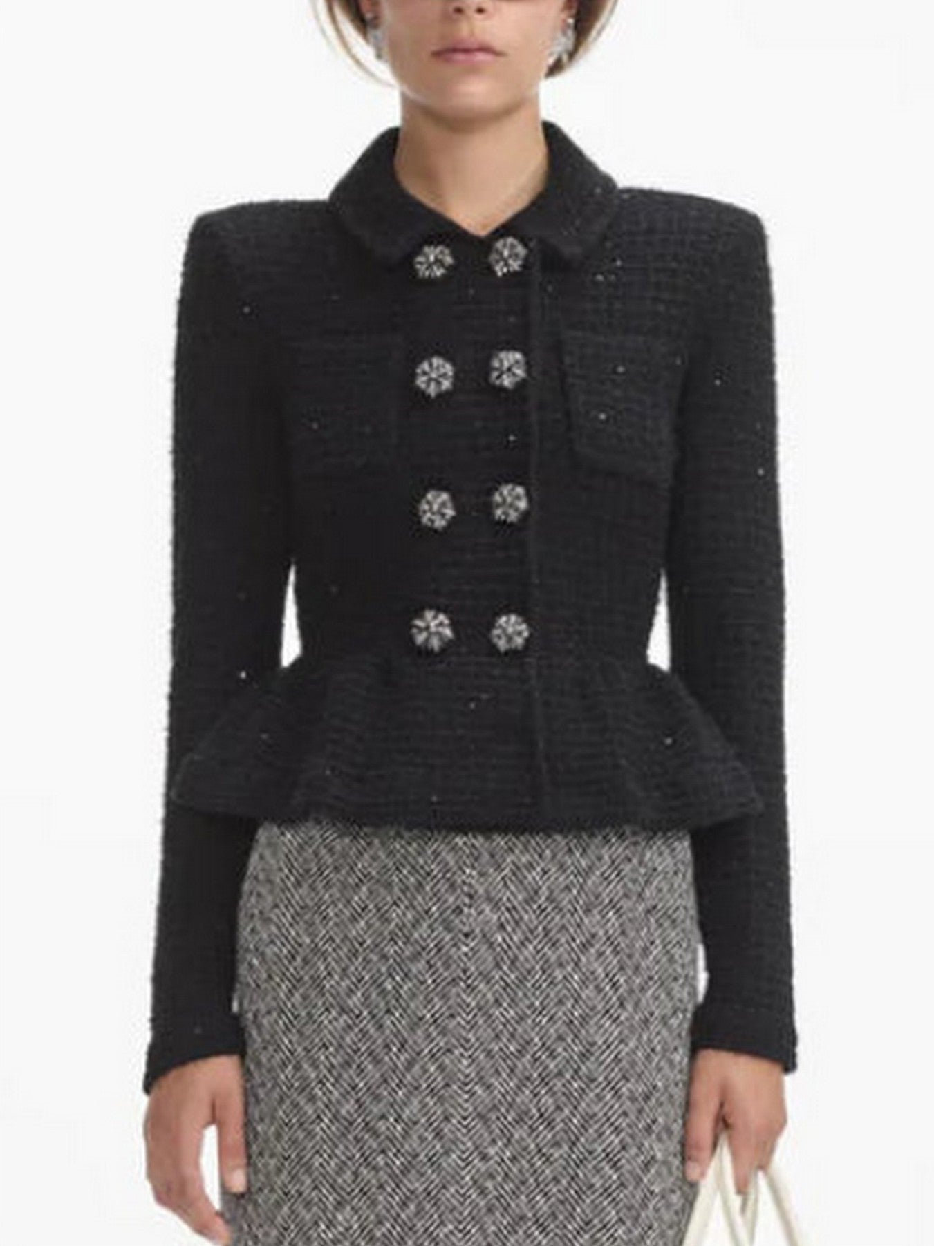 Black tweed peplum knit cardigan jacket for a stylish and sophisticated look