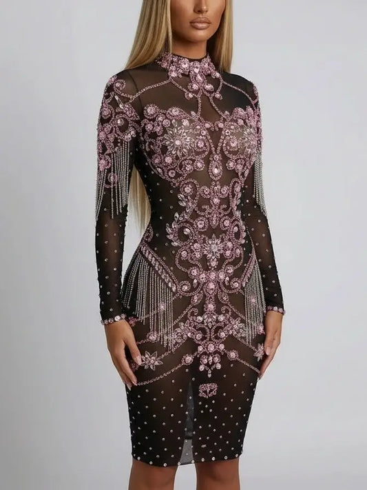 Black & Pink Rhinestone-Embellished Short Dress - Dresses