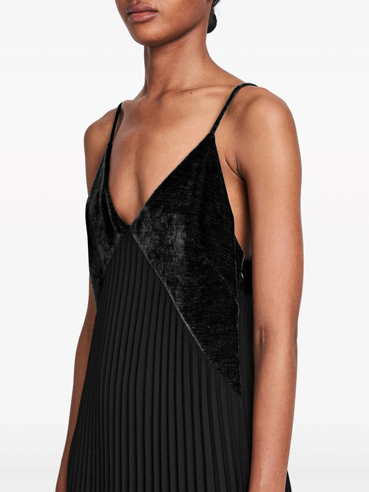 Black Pleated Velvet Sleeveless Midi Dress - Dresses