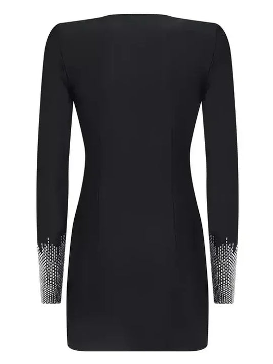 Black Plunge V-Neck Mini Dress with Embellished Sleeves - Dresses
