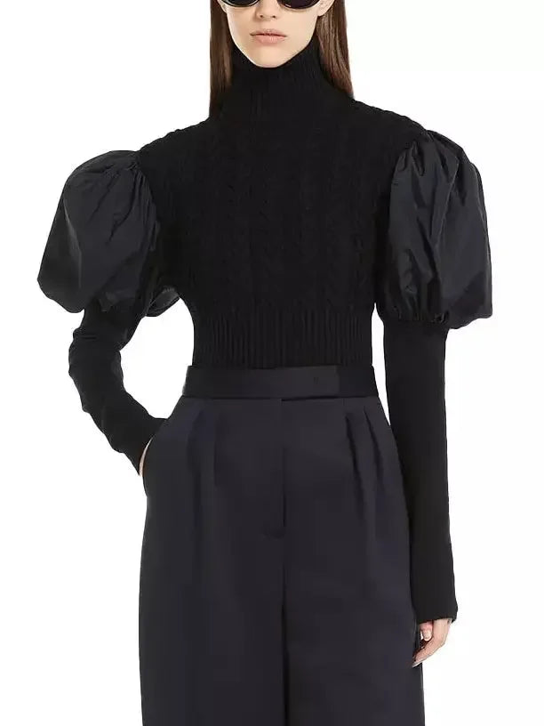 Black Puff-Sleeve Cable Knit Turtle-Neck Sweater - Sweaters & Knitwear