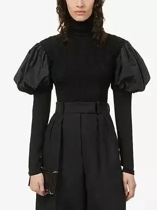 Black Puff-Sleeve Cable Knit Turtle-Neck Sweater - Sweaters & Knitwear