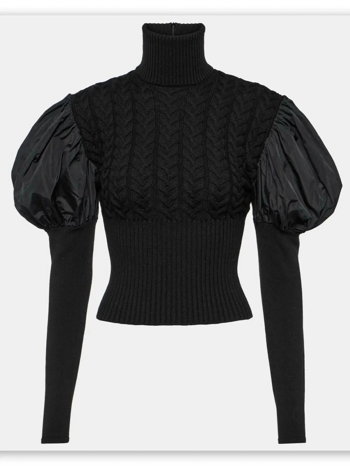 Black Puff-Sleeve Cable Knit Turtle-Neck Sweater - Sweaters & Knitwear