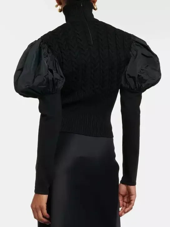 Black Puff-Sleeve Cable Knit Turtle-Neck Sweater - Sweaters & Knitwear