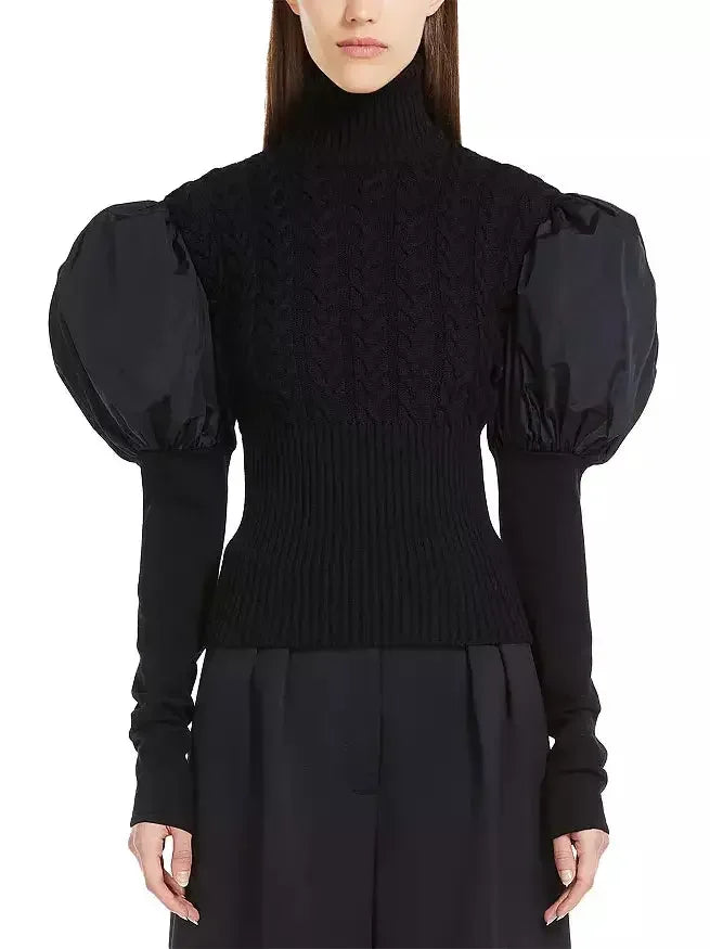 Black Puff-Sleeve Cable Knit Turtle-Neck Sweater - Sweaters & Knitwear
