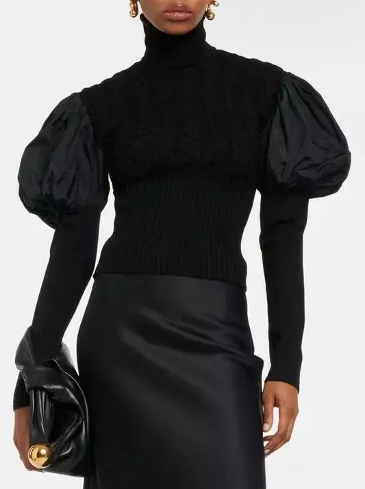 Black Puff-Sleeve Cable Knit Turtle-Neck Sweater - Sweaters & Knitwear