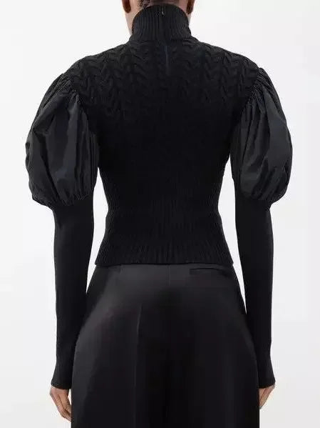 Black Puff-Sleeve Cable Knit Turtle-Neck Sweater - Sweaters & Knitwear