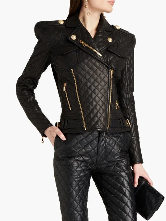 Black Quilted Leather Jacket with Gold Details - Jackets