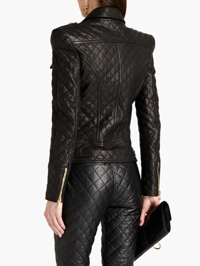 Black Quilted Leather Jacket with Gold Details - Jackets