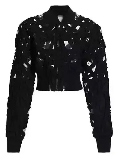 Black Raw-Edge Cut Cropped Flight Bomber Jacket - Jackets