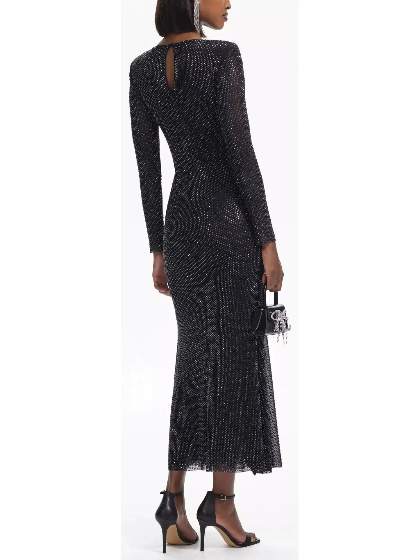 Black Rhinestone Mesh V-Neck Midi Dress - Dresses