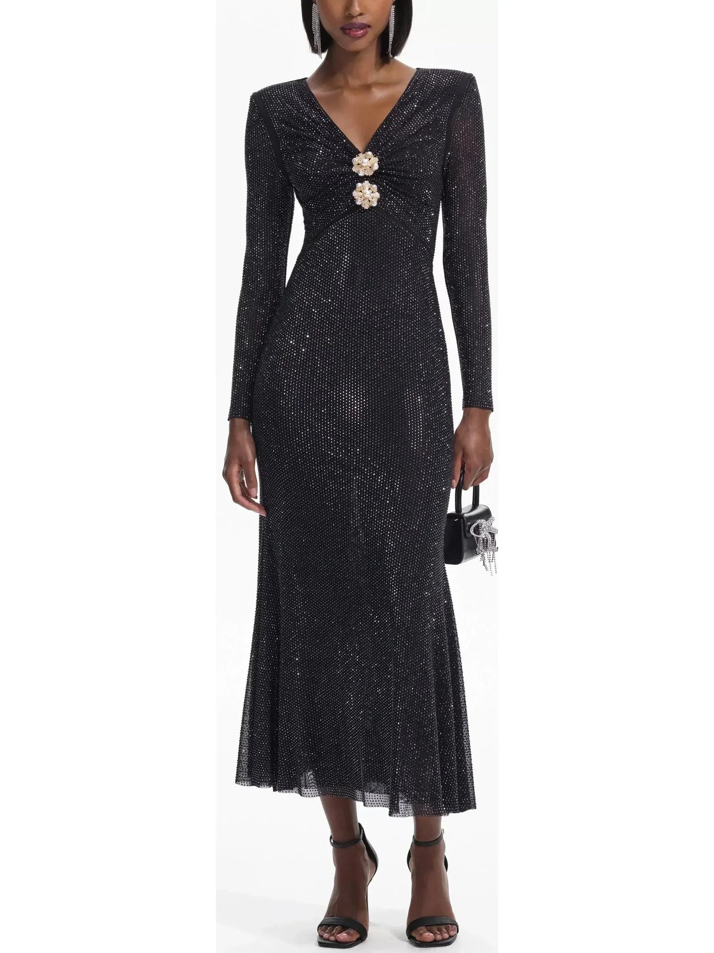 Black Rhinestone Mesh V-Neck Midi Dress - small - Dresses