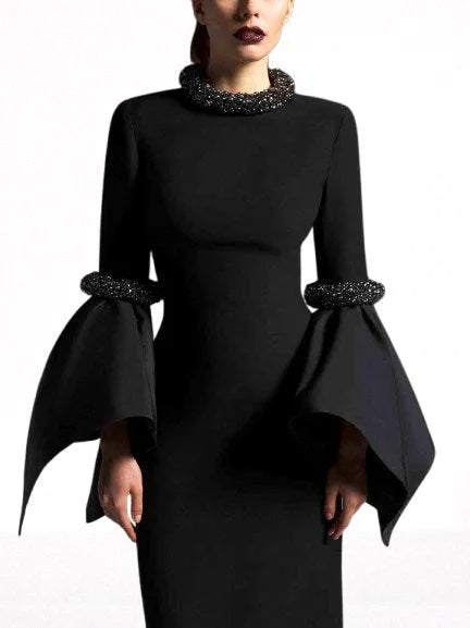 Black Rhinestone-Trim Long Gown with Sculptural Bell-Sleeves - Dresses