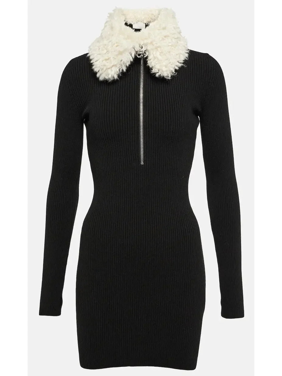 Black Ribbed Knit Dress with Faux-Fur Collar - Dresses