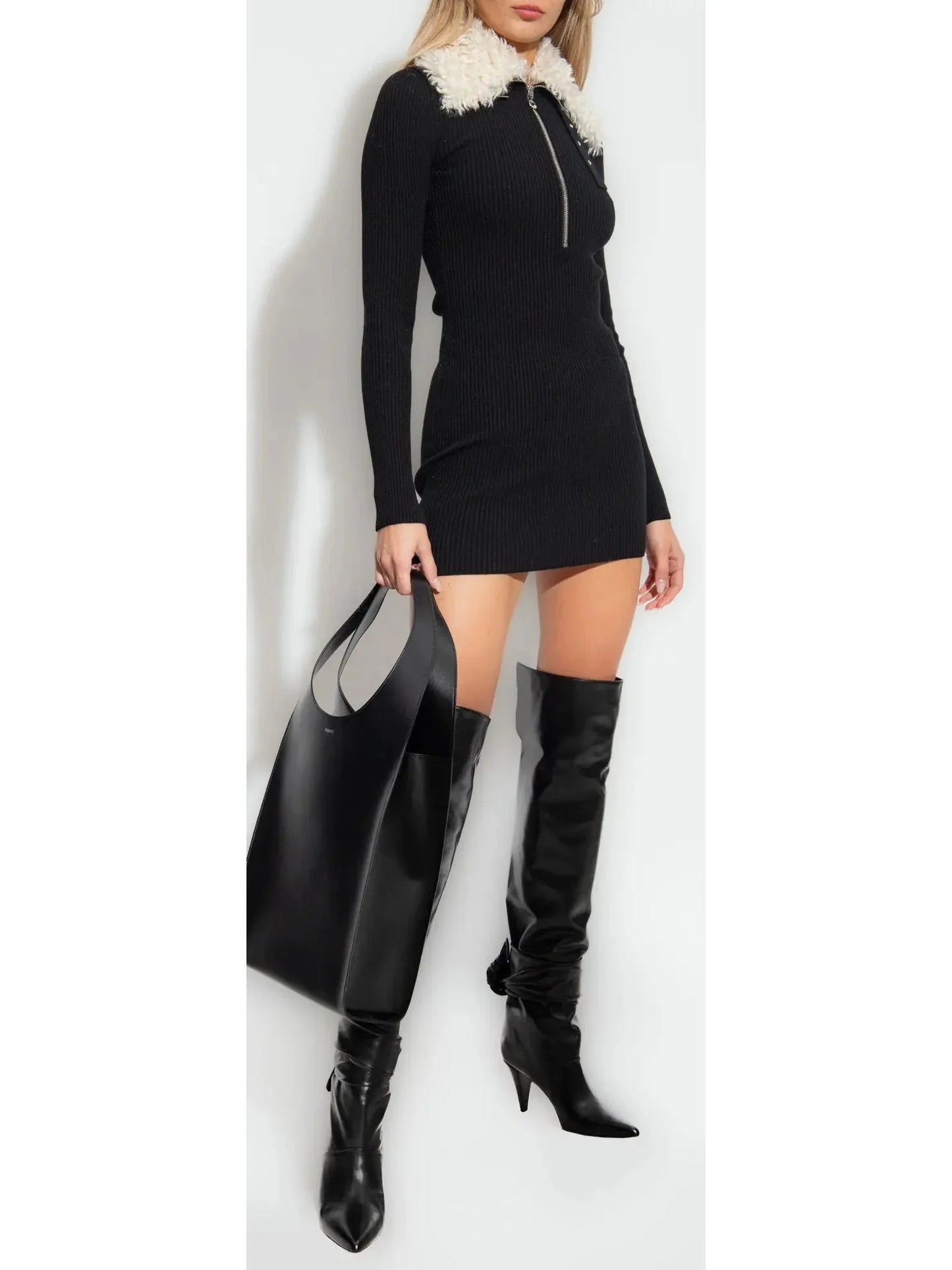 Black Ribbed Knit Dress with Faux-Fur Collar - Dresses