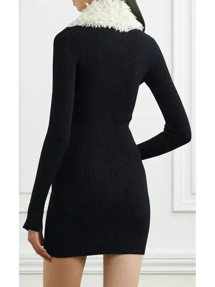 Black Ribbed Knit Dress with Faux-Fur Collar - Dresses