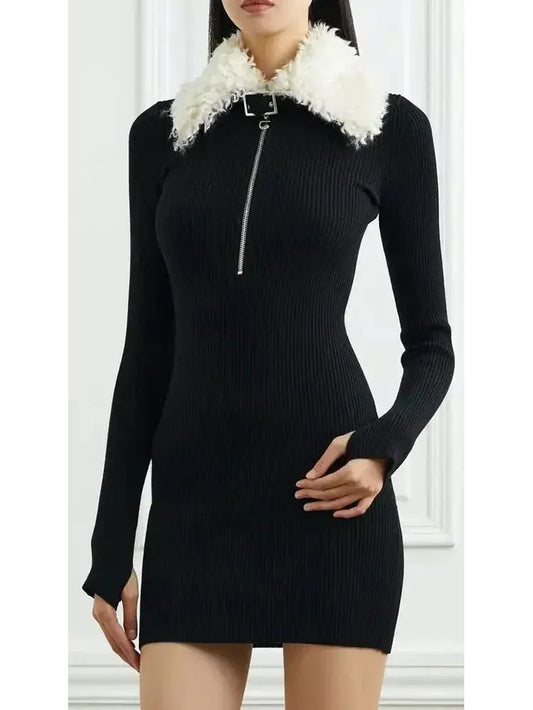 Black Ribbed Knit Dress with Faux-Fur Collar - Dresses