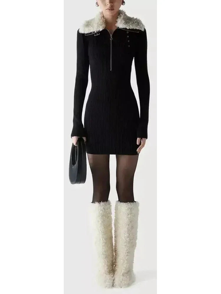 Black Ribbed Knit Dress with Faux-Fur Collar - Dresses