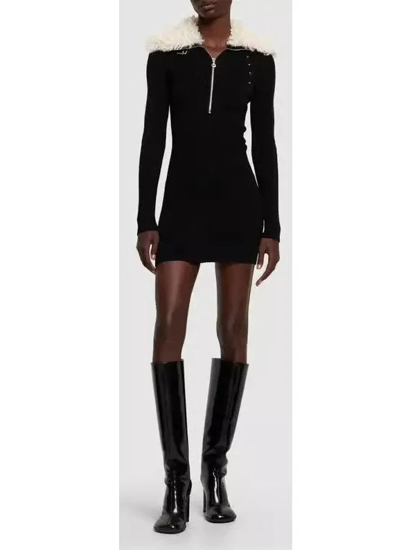 Black Ribbed Knit Dress with Faux-Fur Collar - Dresses