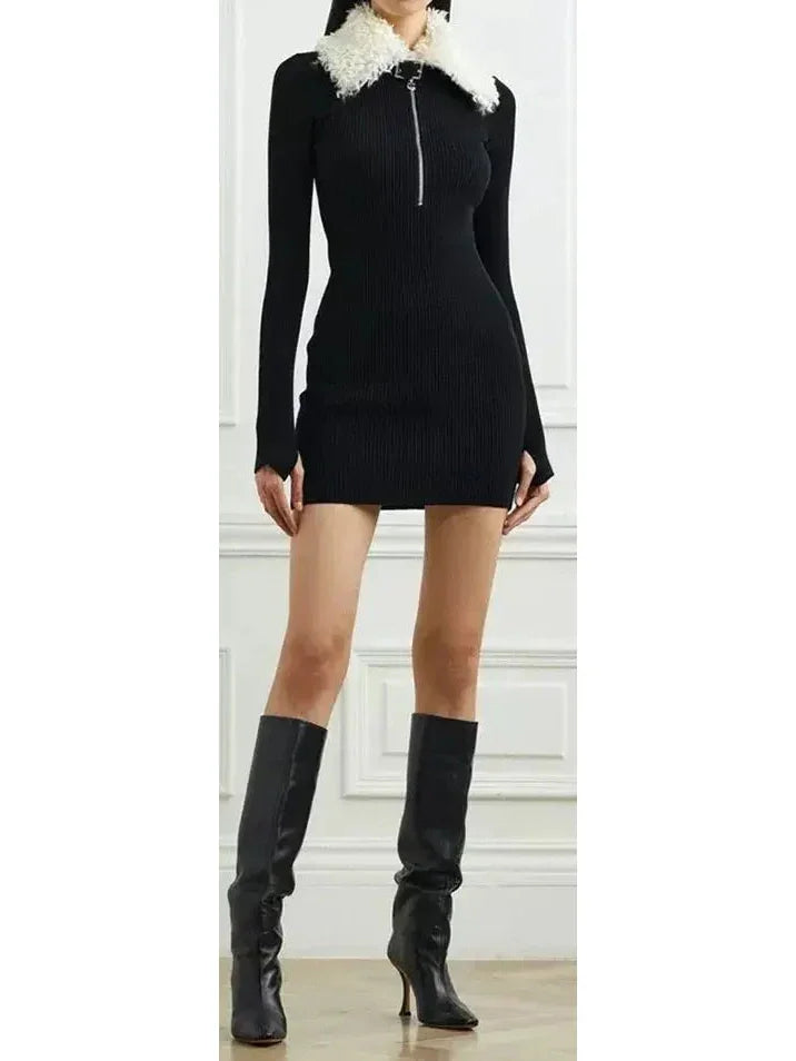 Black Ribbed Knit Dress with Faux-Fur Collar - Dresses