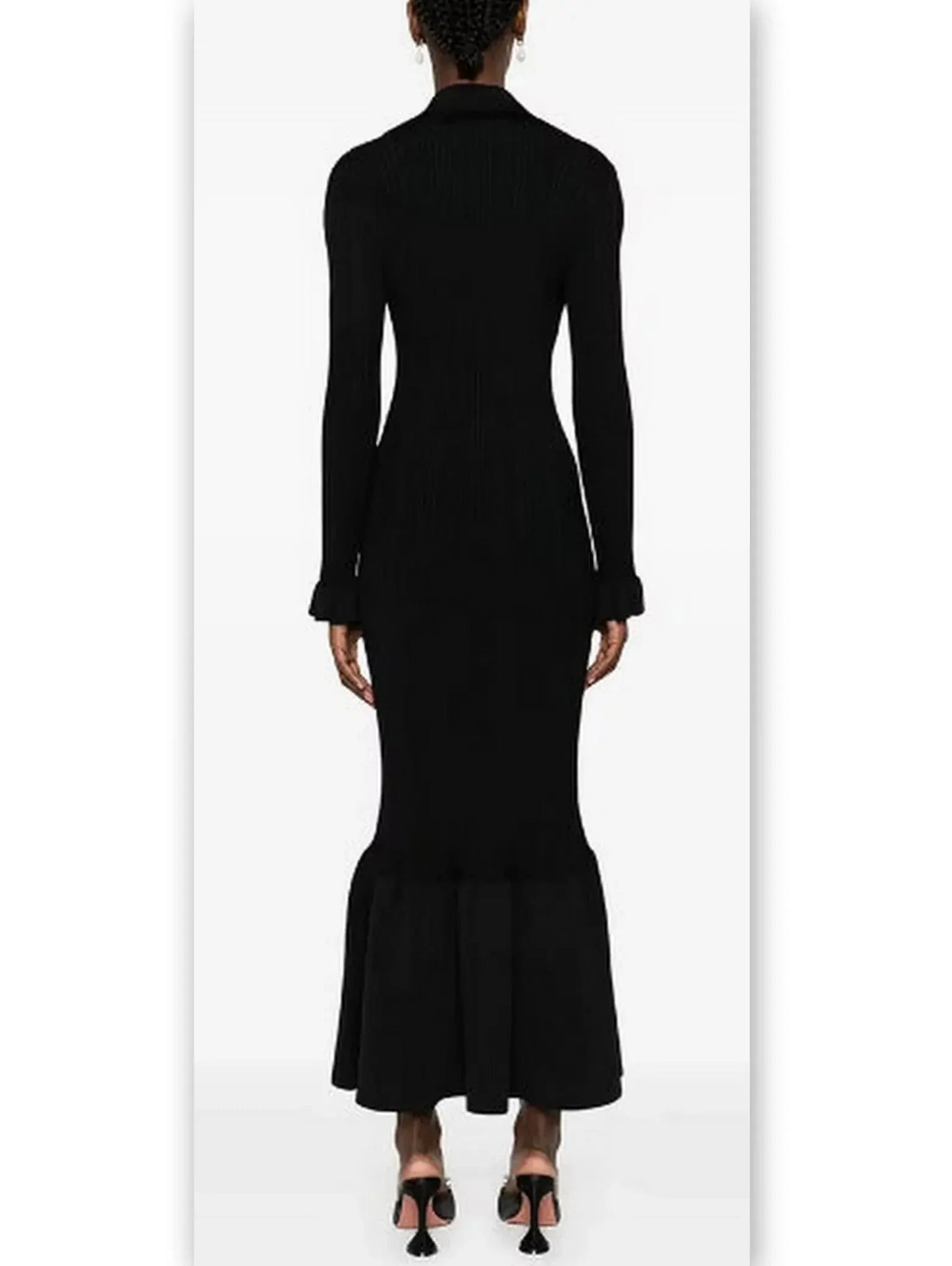 Black Ribbed Knit Fluted-Hem Midi Dress - Dresses