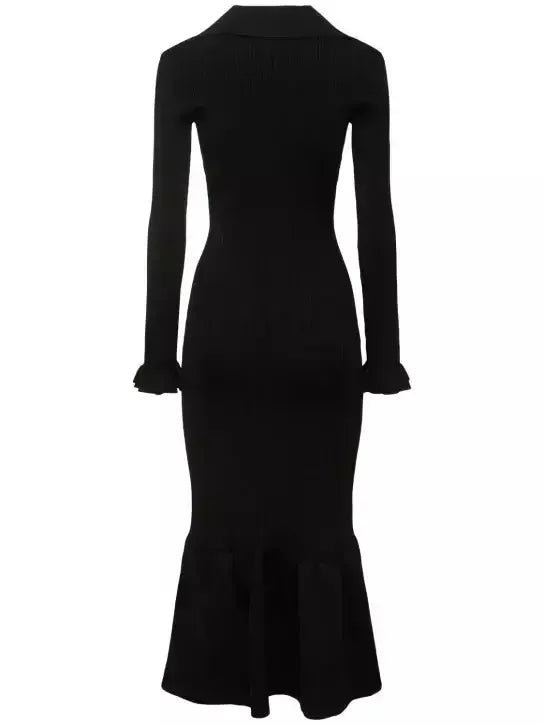 Black Ribbed Knit Fluted-Hem Midi Dress - Dresses