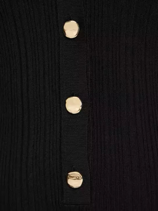 Black Ribbed Knit Fluted-Hem Midi Dress - Dresses