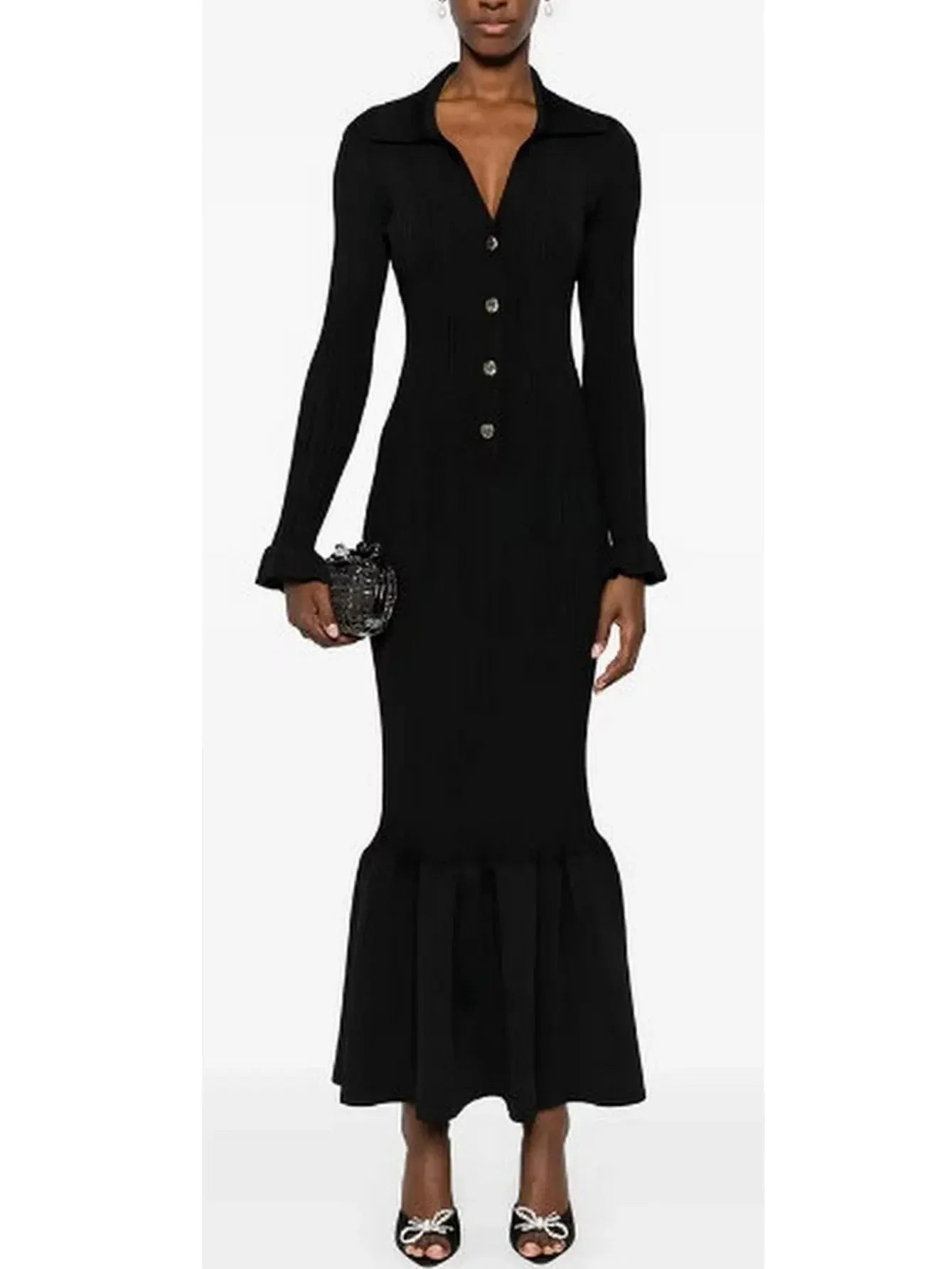 Black Ribbed Knit Fluted-Hem Midi Dress - Dresses