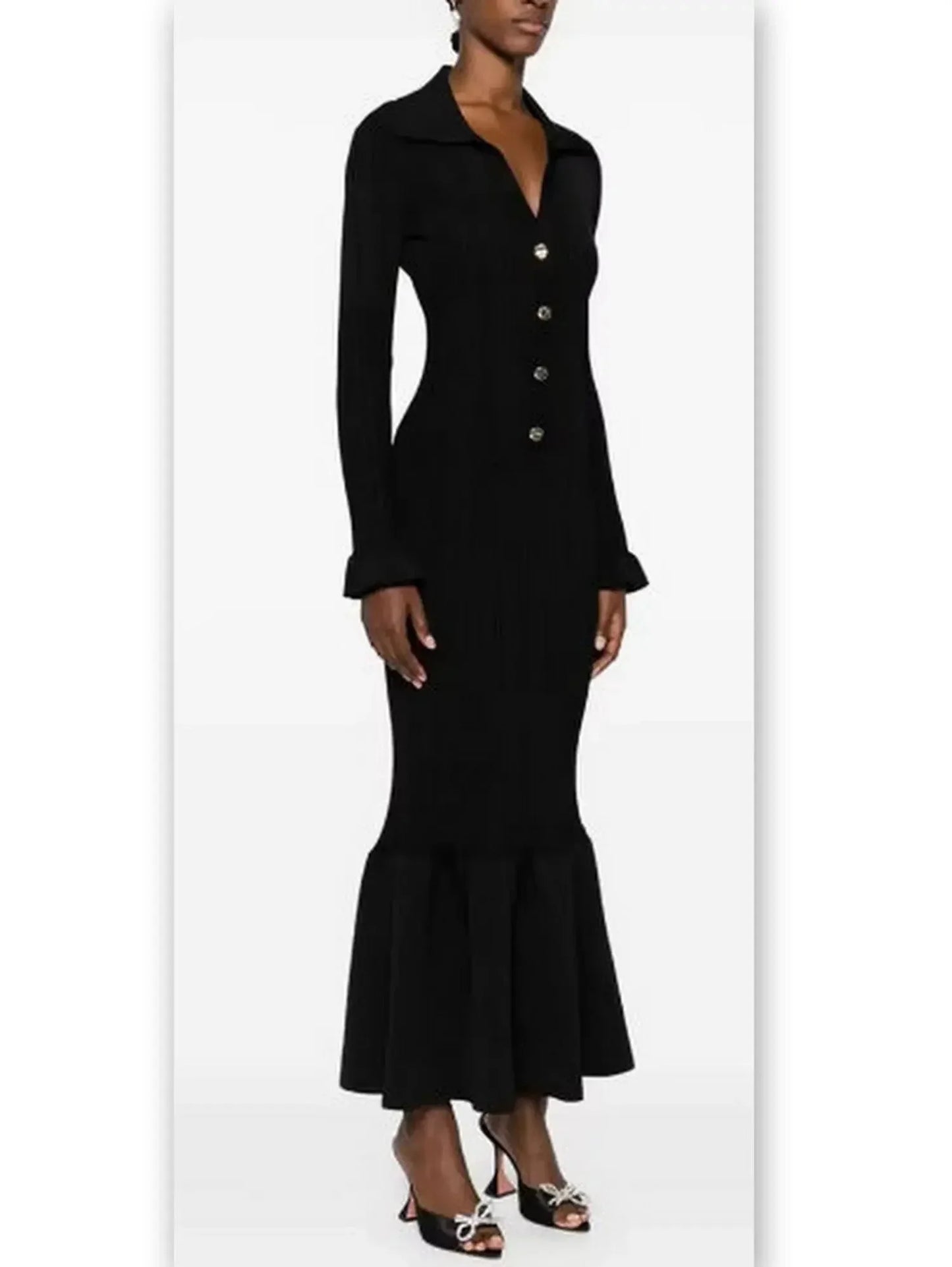 Black Ribbed Knit Fluted-Hem Midi Dress - Dresses
