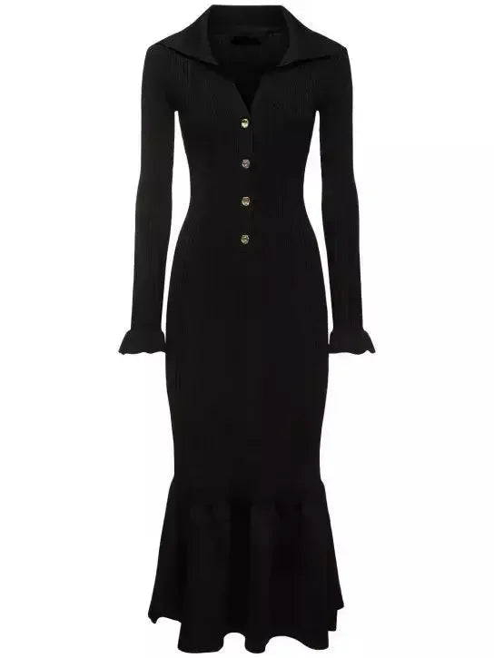 Black Ribbed Knit Fluted-Hem Midi Dress - Dresses