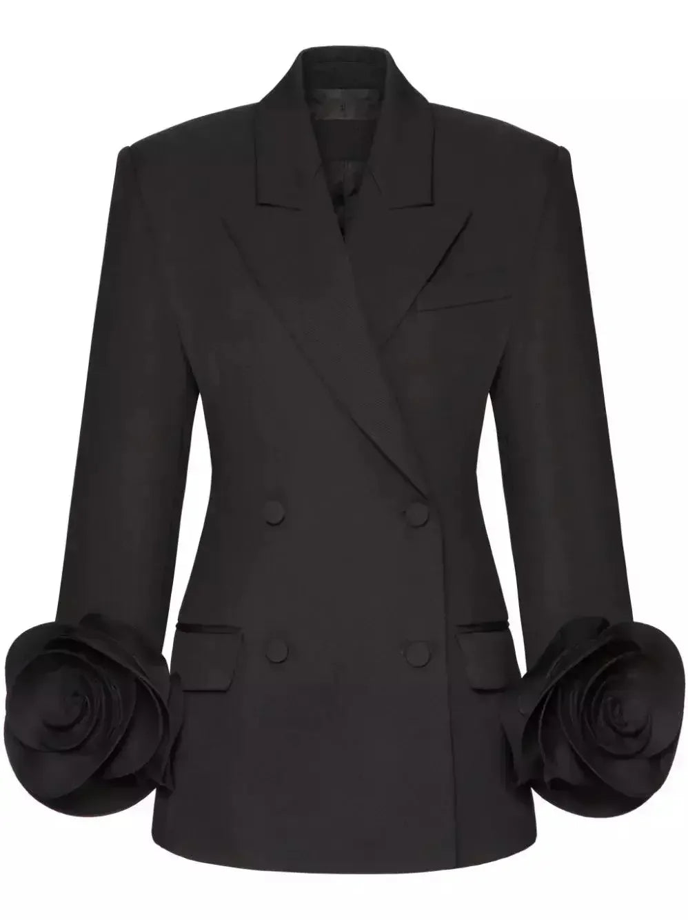 Black Rose-Applique Double-Breasted Blazer - Jackets