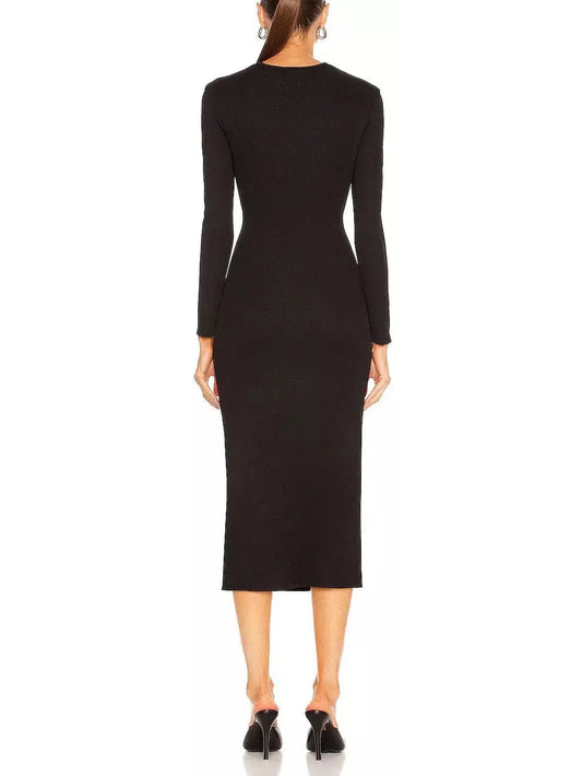 Black Ruched Column Long Sleeve Midi Dress - Dresses